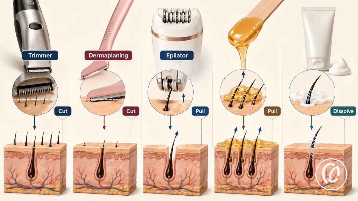 طرق إزالة شعر الوجه مقارنة حسب نوع الأداة وطريقة تماس الشعر