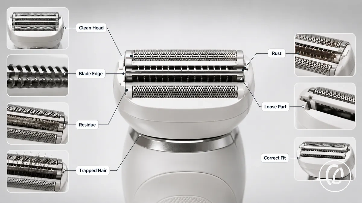 Facial hair removal tool head and blade checks before use