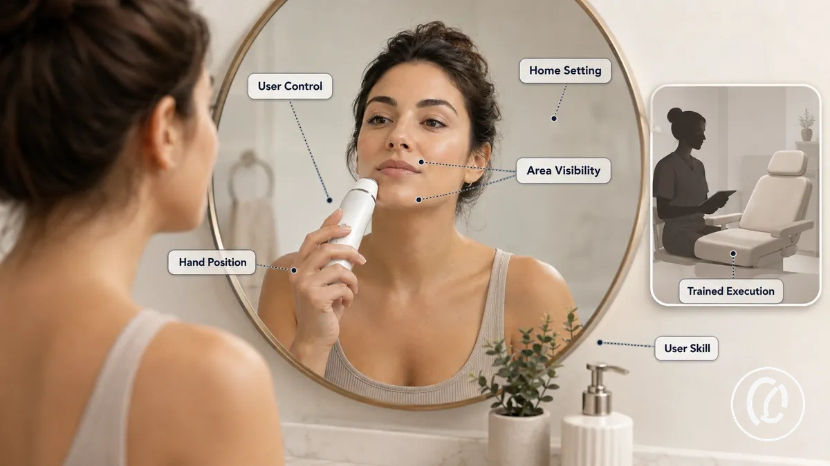Hand-held facial hair removal tool showing user control and facial area visibility