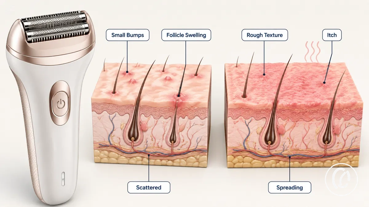 Small bumps, rough texture, and mild follicle swelling after facial hair removal tool use