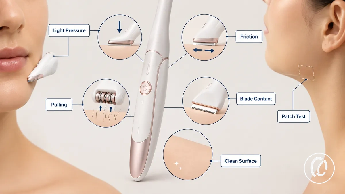 Puntos de contacto de una herramienta suave para eliminar vello facial que muestran factores de comodidad y riesgo de irritación