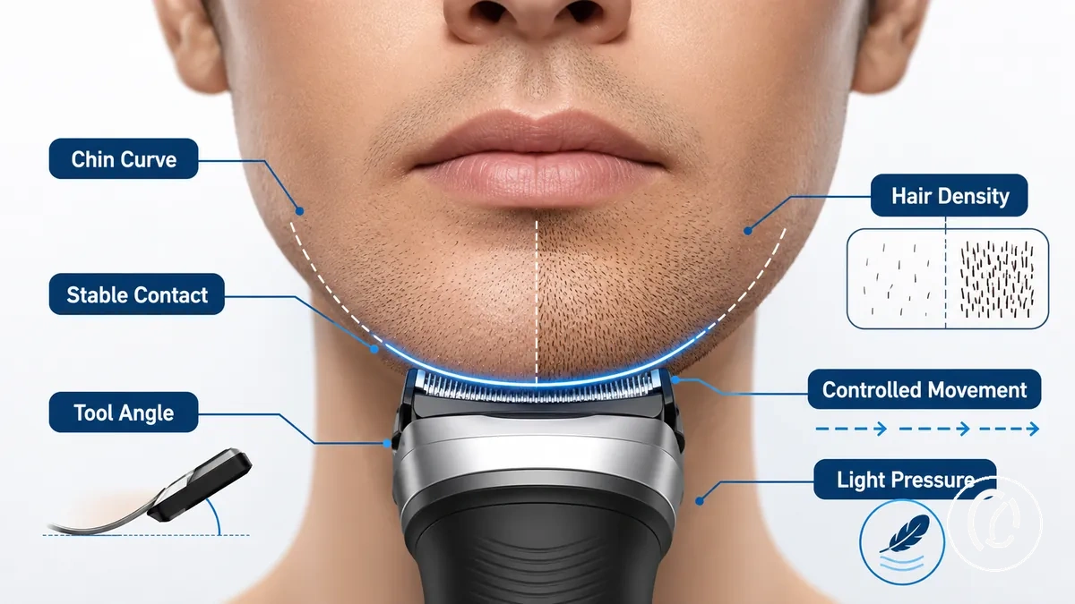 Ilustración que muestra el contacto del removedor de vello facial en la curva de la barbilla
