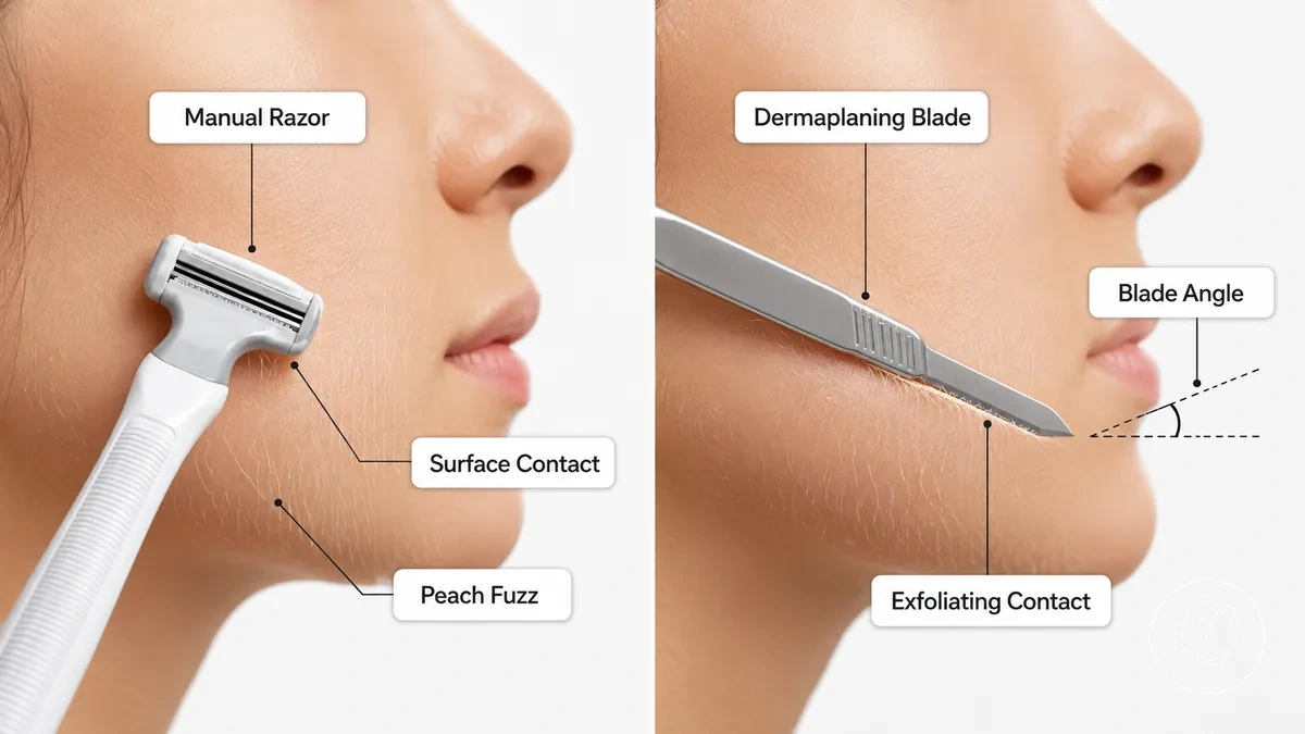Comparación entre maquinilla de afeitar facial manual y cuchilla de dermaplaning