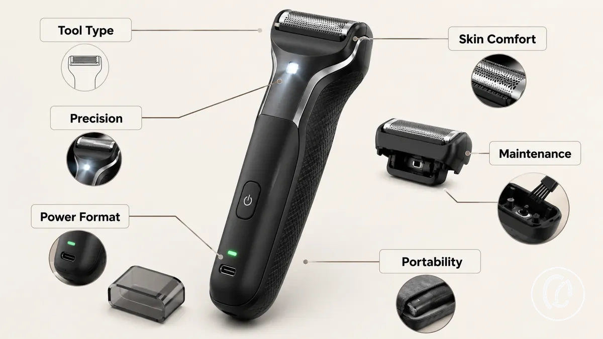 Herramienta para eliminar vello facial etiquetada que muestra el tamaño del cabezal, el agarre, la luz, el formato de alimentación y el acceso al cabezal de repuesto