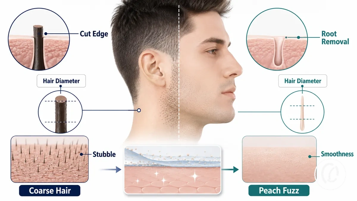 Diagrama que muestra cómo la textura del vello facial afecta el rebrote, la suavidad y la sensación del rebrote