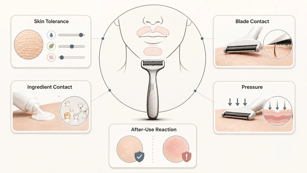 Critères de sensibilité cutanée pour outil d’épilation du visage avec indications de contact et de risque d’irritation