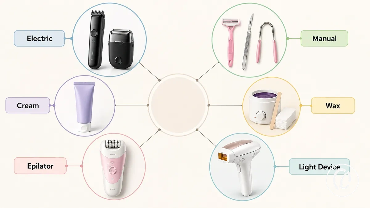Principaux types d’outils d’épilation du visage présentés par options électriques, manuelles, crème, cire et épilateur