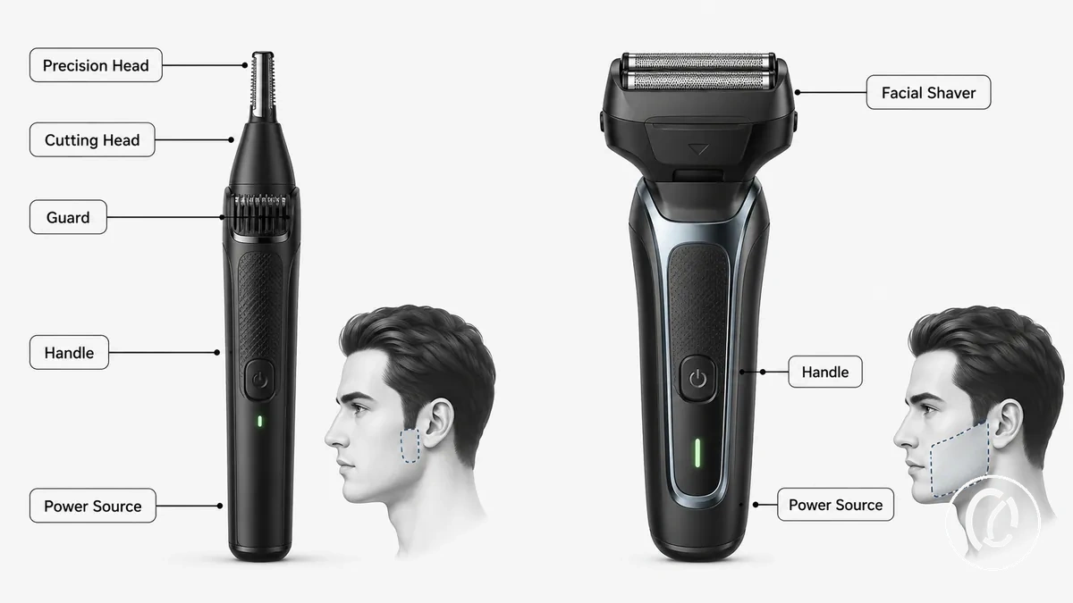 Partes de um aparador facial elétrico para corte rente de pelos faciais