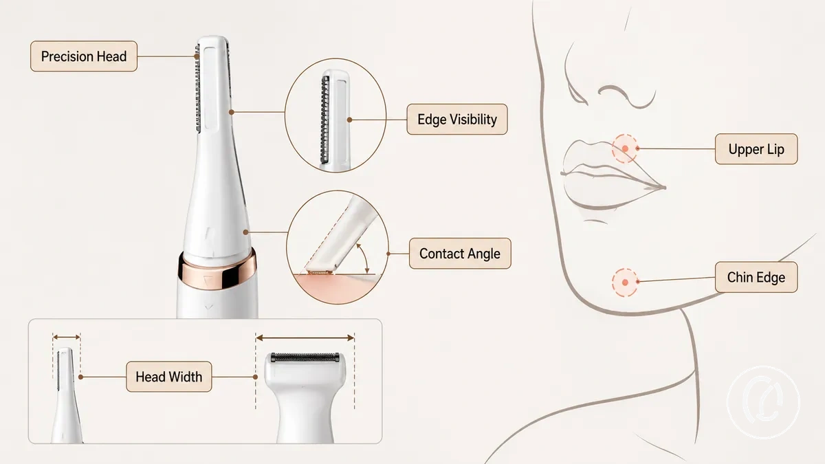 Cabeça de precisão para remover pelos faciais mostrada para controle em áreas pequenas ao redor de zonas faciais detalhadas