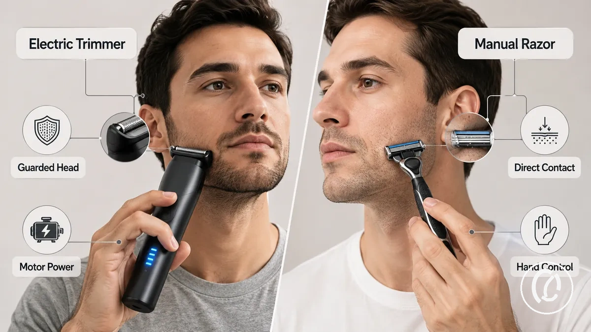 Removedores de pelos faciais elétricos e manuais mostrando diferentes métodos de corte