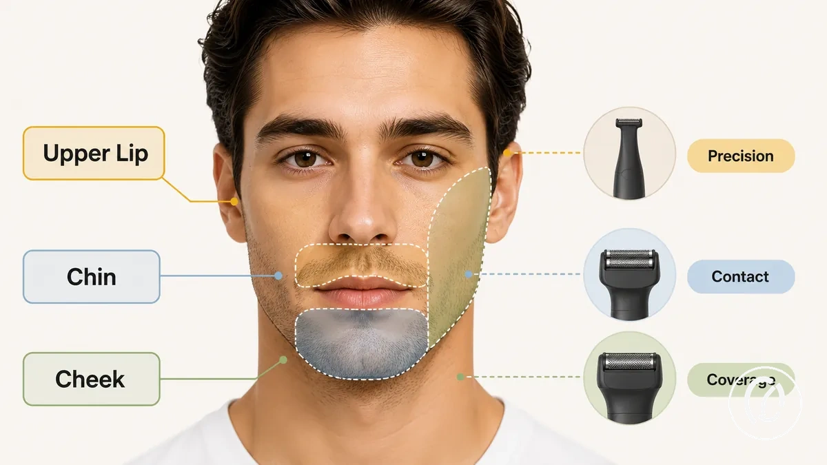 Diagrama anotado das áreas faciais comparando as necessidades de remoção de pelos do buço, queixo e bochechas
