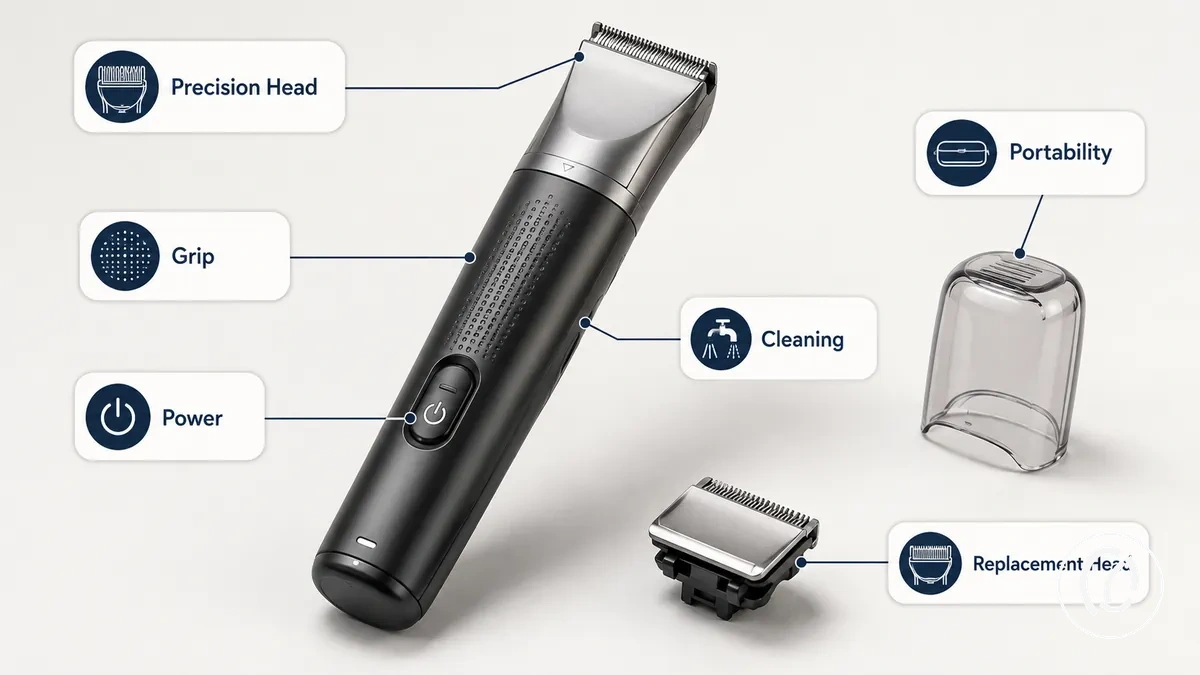 Ferramenta para remover pelos faciais anotada mostrando a cabeça, o cabo, o controle de energia e o acesso para limpeza