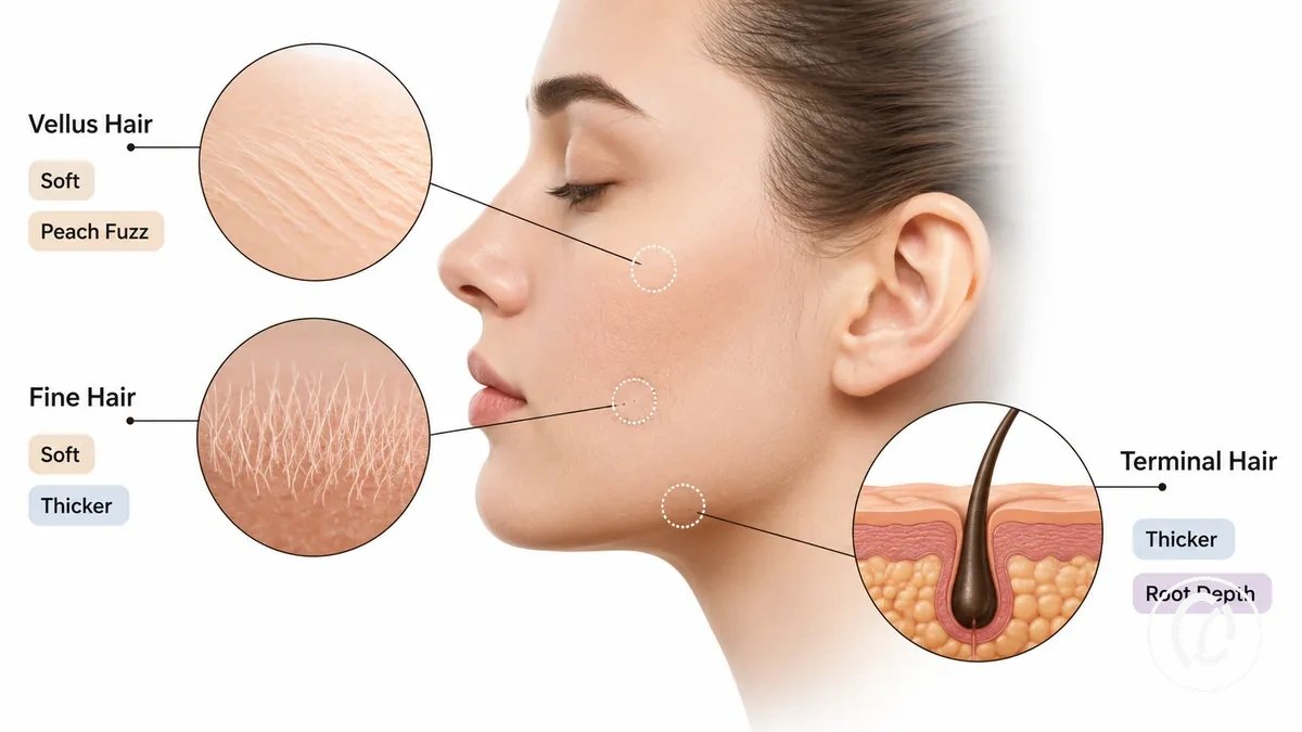 Exemplos anotados de texturas de pelos faciais mostrando pelo velo, pelos faciais finos e pelos terminais grossos
