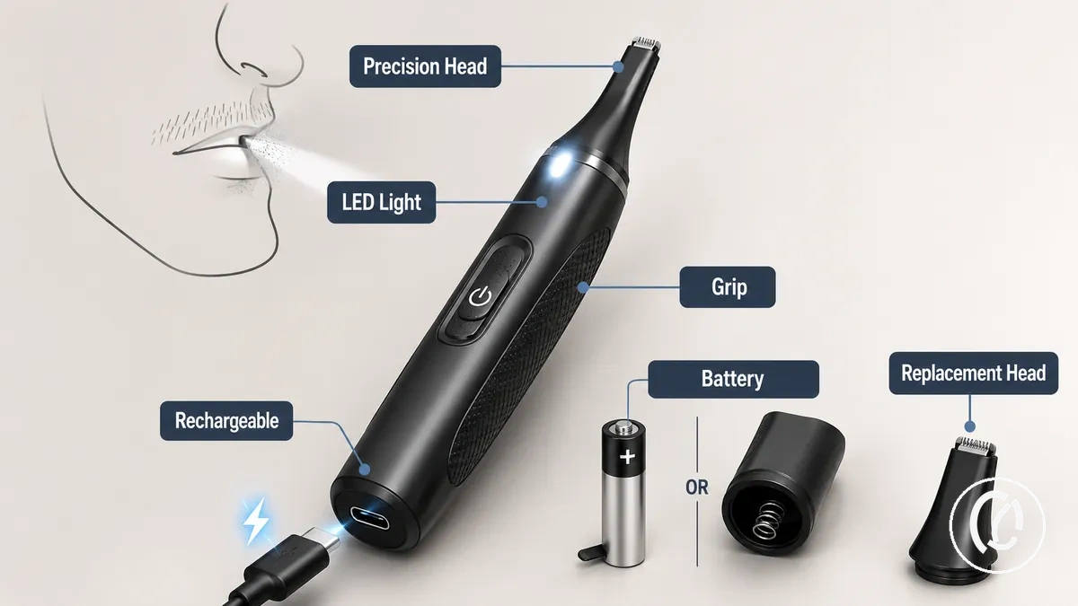 Removedor de pelos faciais anotado mostrando cabeça de precisão, luz, empunhadura e fonte de energia