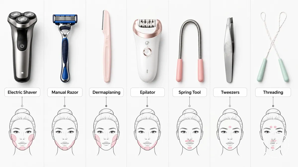 Principais tipos de ferramentas caseiras para remover pelos faciais lado a lado