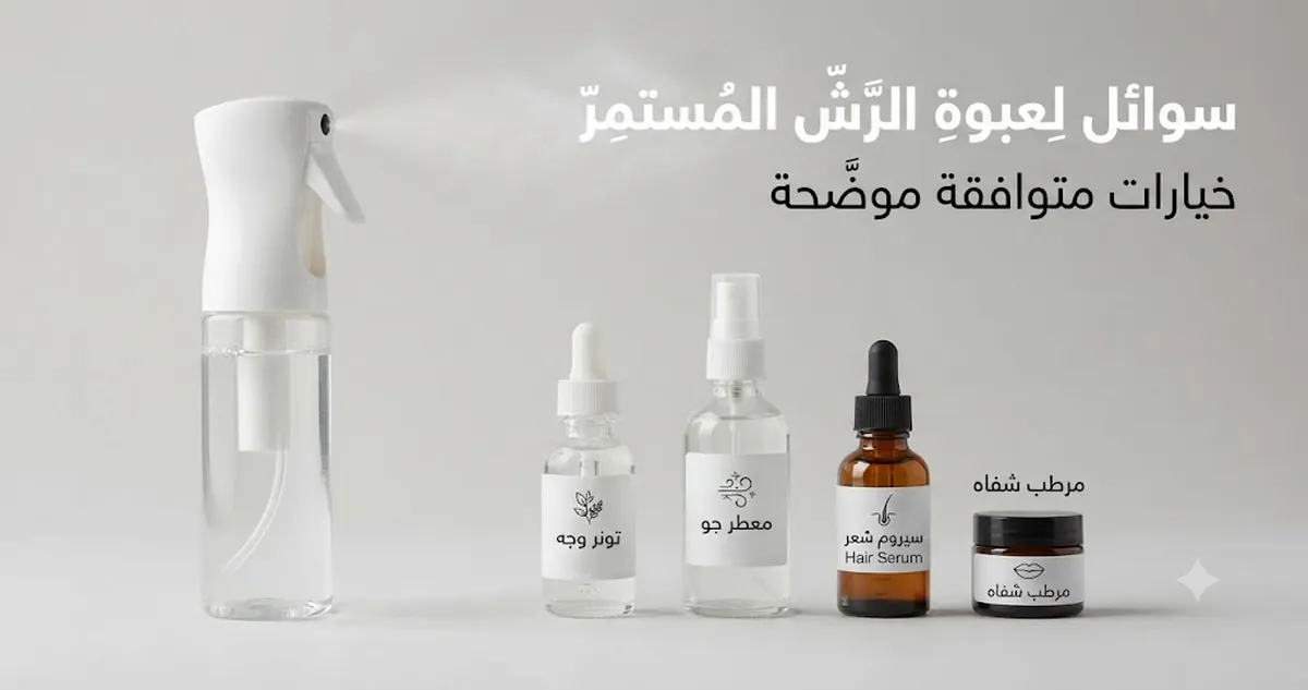 عبوة رش بالرذاذ المستمر بجانب أوعية واضحة لعدة سوائل متوافقة