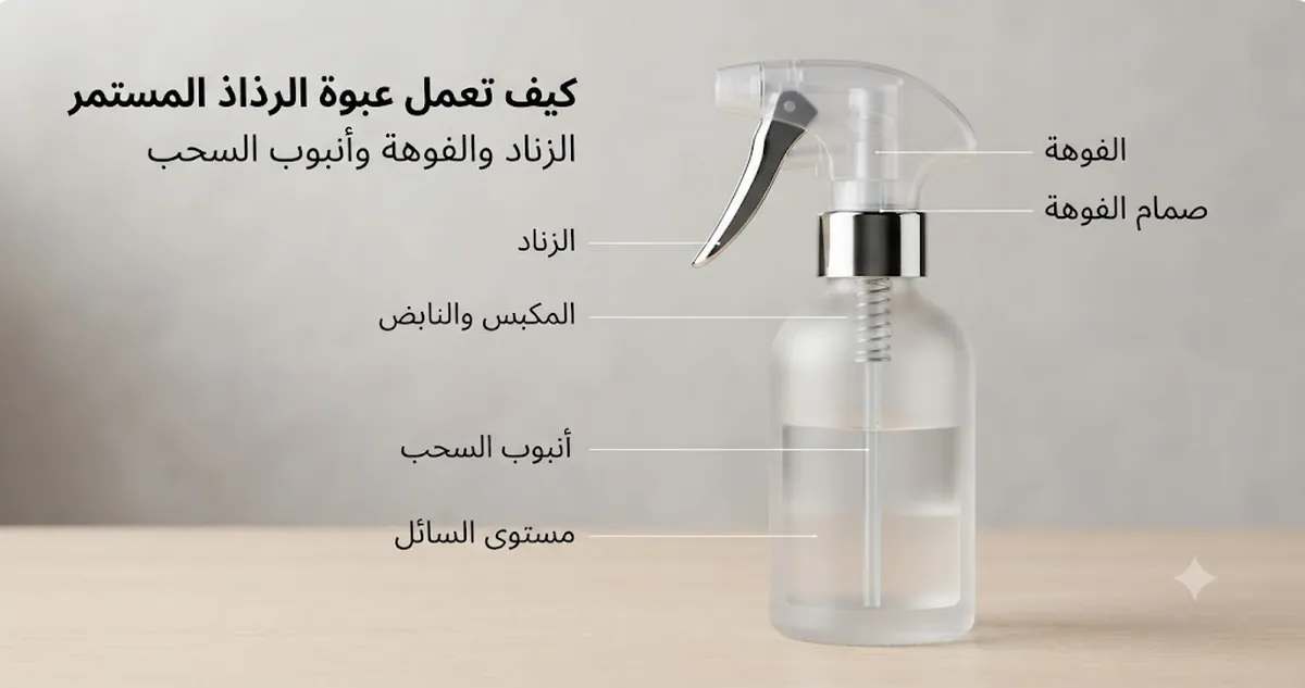 مقطع داخلي لعبوة رش بالرذاذ المستمر يوضح الزناد والفوهة وأنبوب السحب