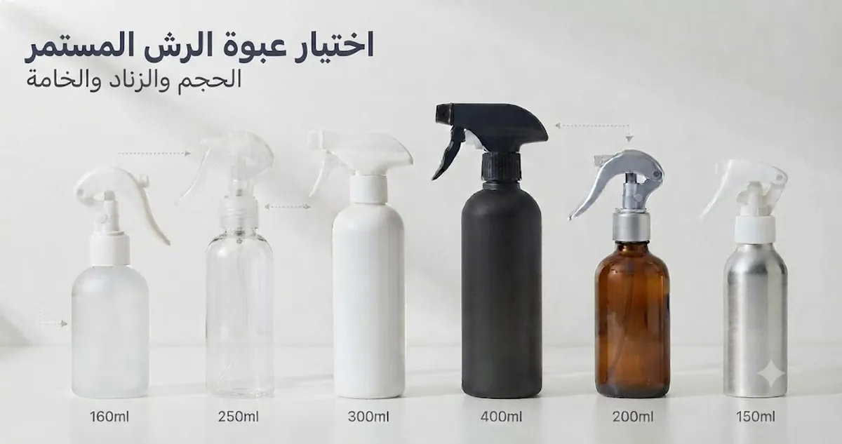 عبوات رش بالرذاذ المستمر مقارنة حسب الحجم وشكل الزناد والخامة