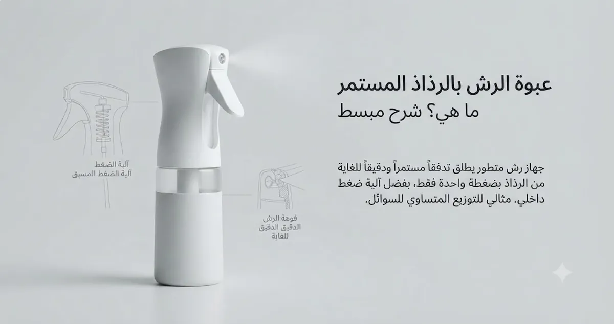 عبوة رش بالرذاذ المستمر يظهر فيها جسم العبوة والزناد وفوهة الرذاذ الناعم