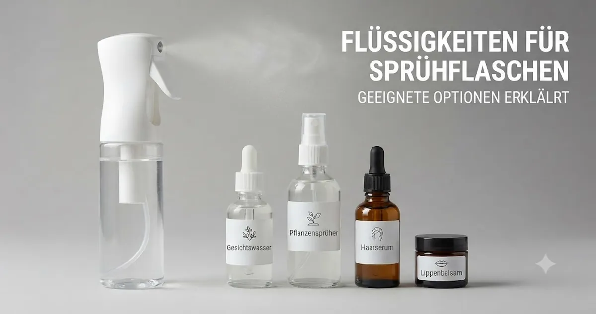 Kontinuierliche Sprühflasche neben deutlich gekennzeichneten geeigneten Flüssigkeiten