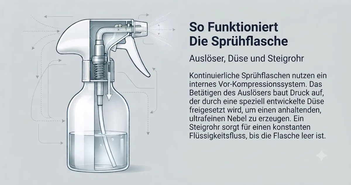 Schnittansicht einer kontinuierlichen Sprühflasche mit Auslöser, Düse und Steigrohr