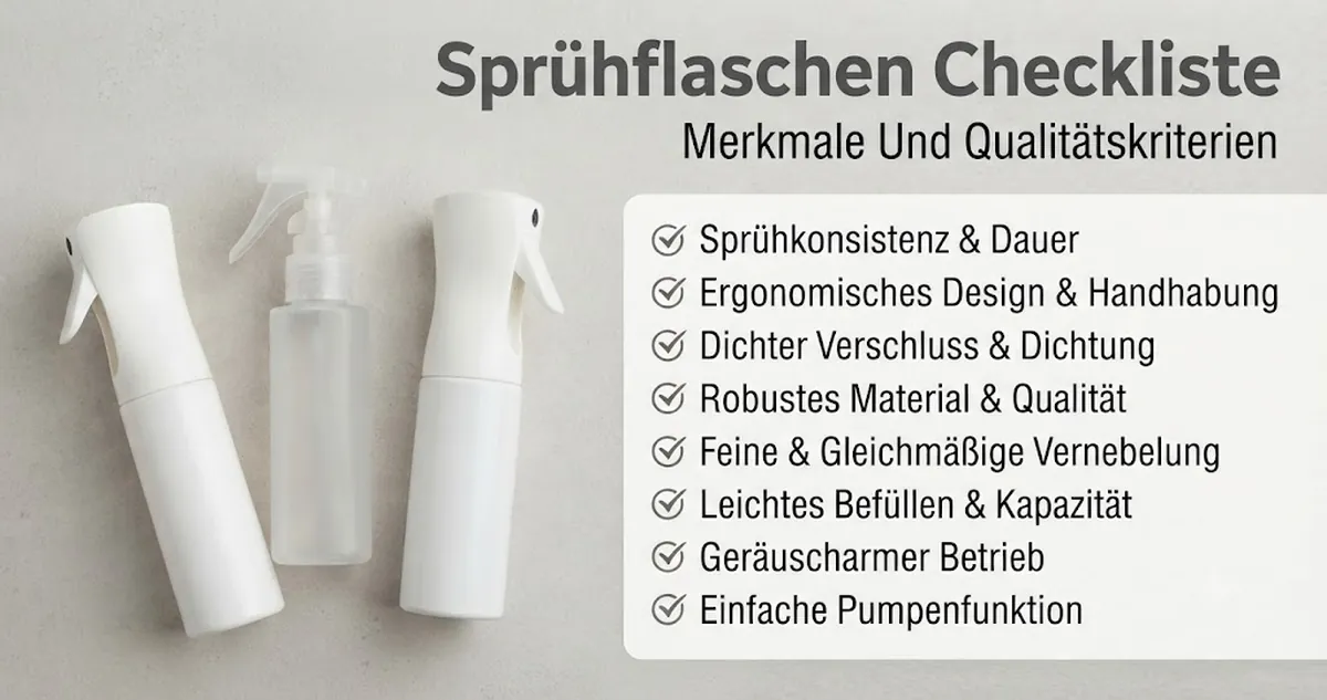 Kontinuierliche Sprühflaschen neben einer Checkliste mit Merkmalen und Qualitätskriterien