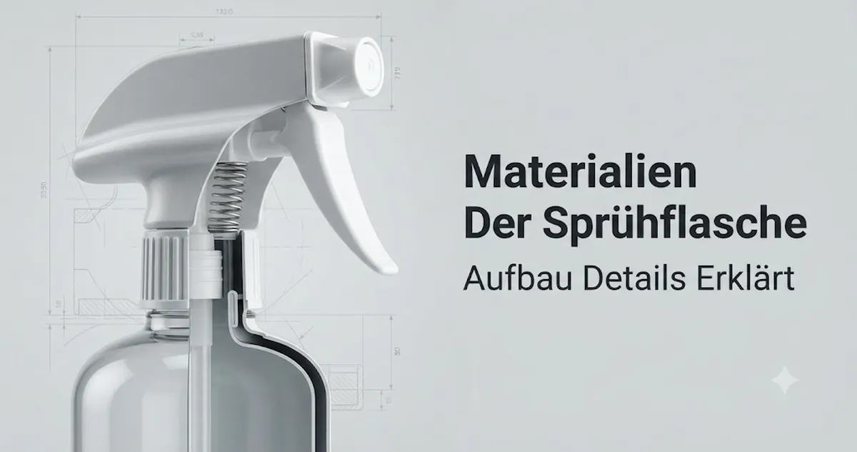 Nahaufnahme von Material, Dichtungen, Auslöser und Flaschenwand einer kontinuierlichen Sprühflasche