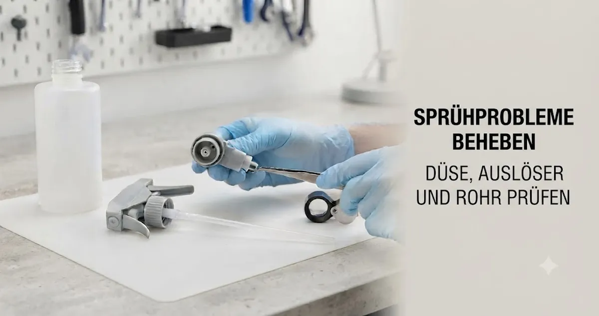 Düse, Auslöser und Steigrohr einer kontinuierlichen Sprühflasche werden wegen eines Sprühproblems geprüft