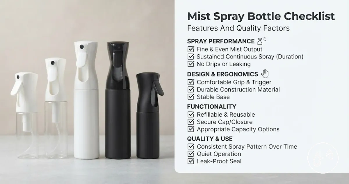 Continuous mist spray bottles arranged beside a practical feature and quality checklist