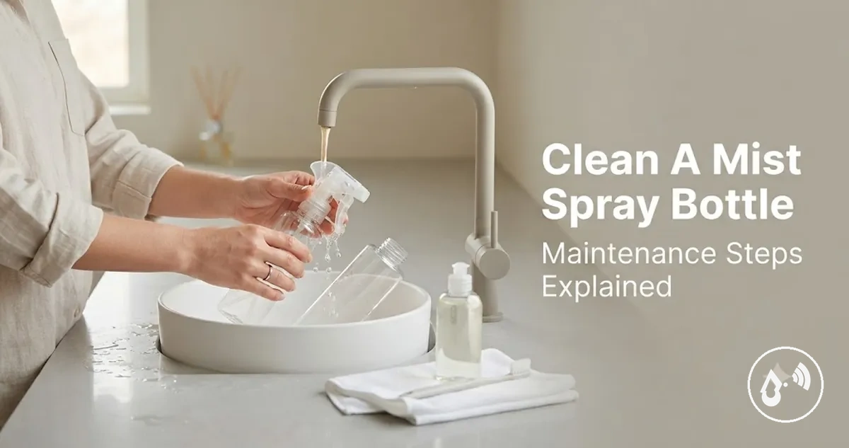 Disassembled continuous mist spray bottle parts being rinsed and cleaned