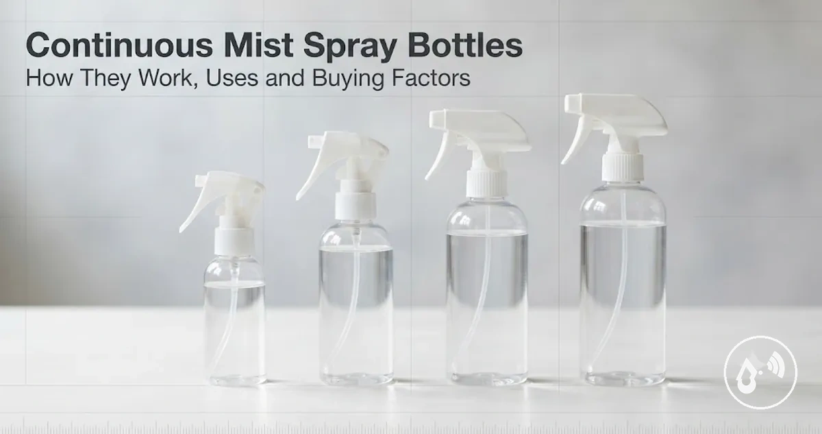Continuous mist spray bottles in several sizes with fine mist trigger heads