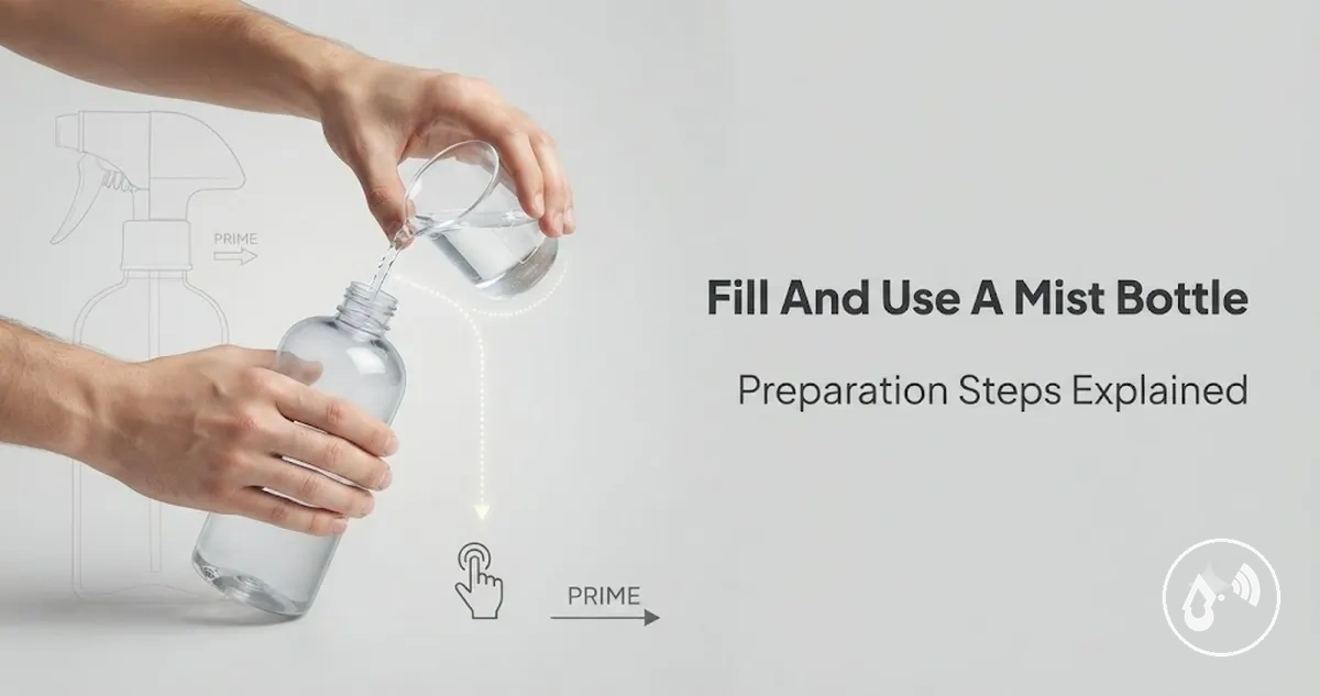 Hands filling and priming a continuous mist spray bottle before use