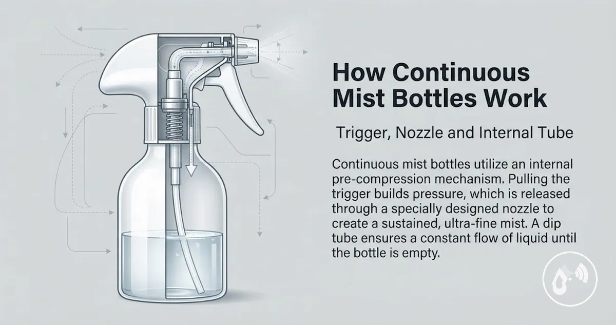 Cutaway view of a continuous mist spray bottle trigger, nozzle and internal dip tube