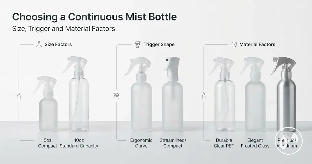 Several continuous mist spray bottles compared by size, trigger shape and bottle material
