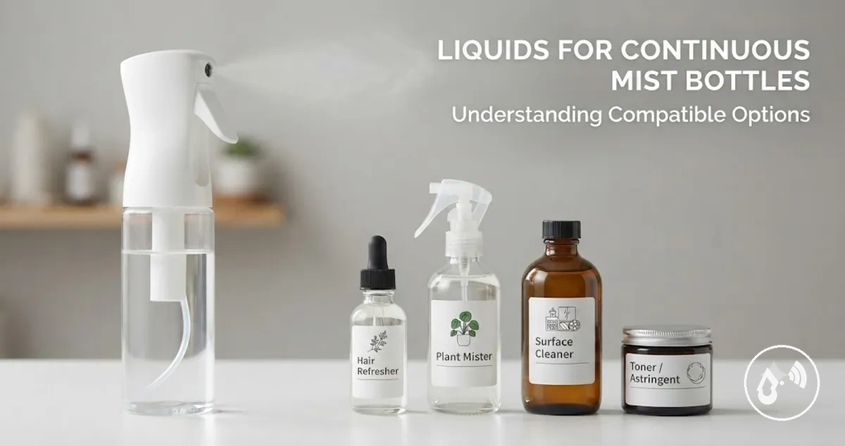 Continuous mist spray bottle beside several clearly labelled compatible liquid containers