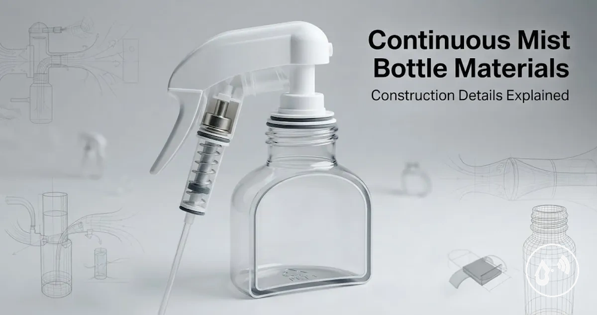 Close-up of continuous mist spray bottle materials, seals, trigger and bottle wall construction