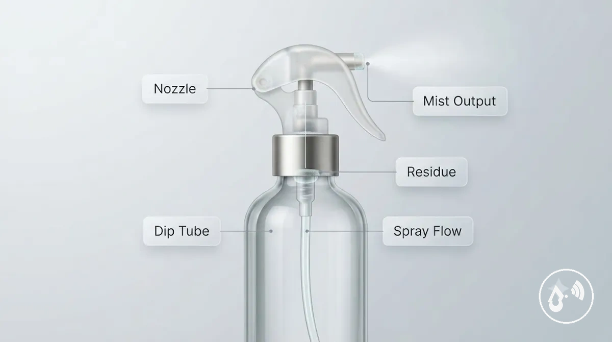 Continuous mist spray bottle nozzle and dip tube areas requiring cleaning