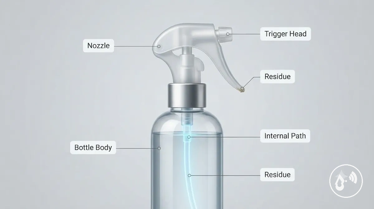 Continuous mist spray bottle showing areas that require regular cleaning and maintenance