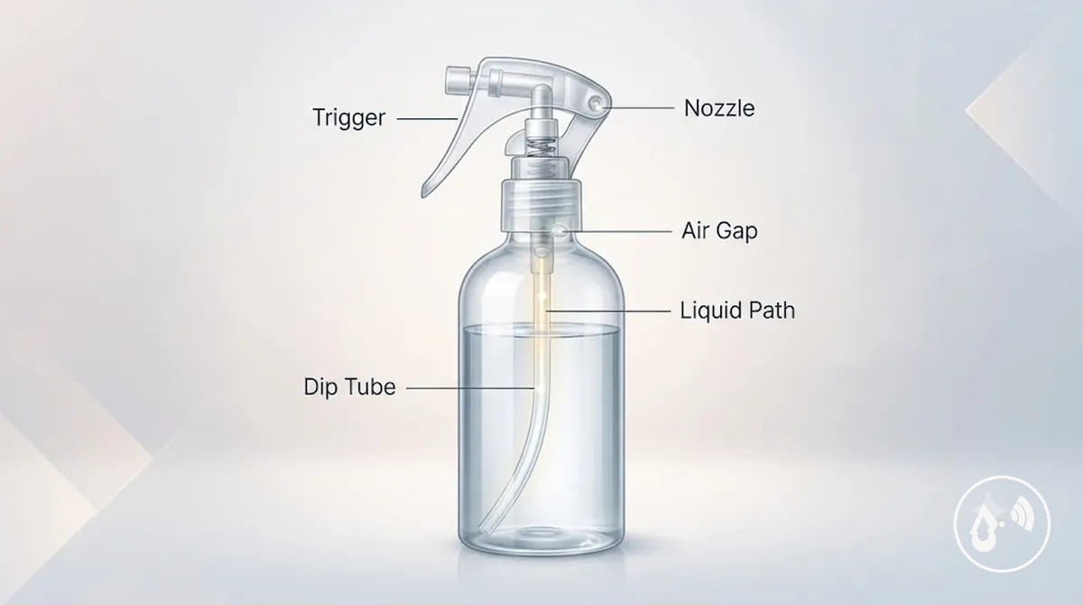 Continuous mist bottle parts checked when the bottle will not spray or prime