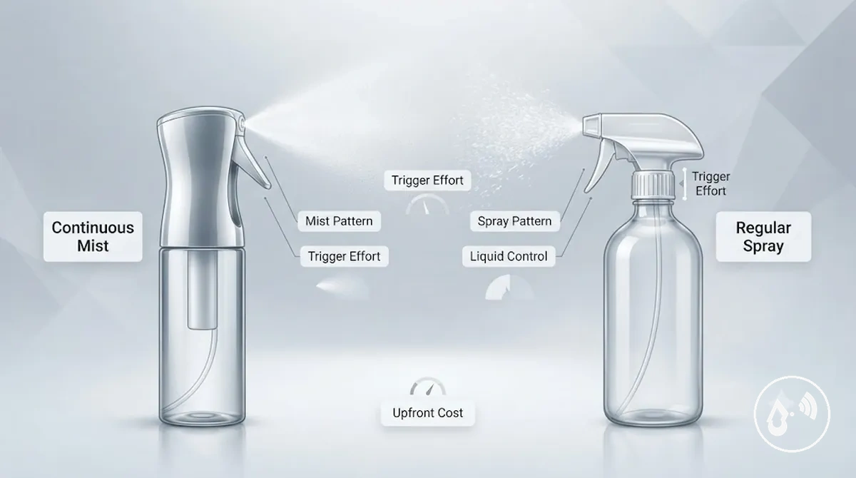 Continuous mist bottle and regular spray bottle compared by value factors and spray patterns