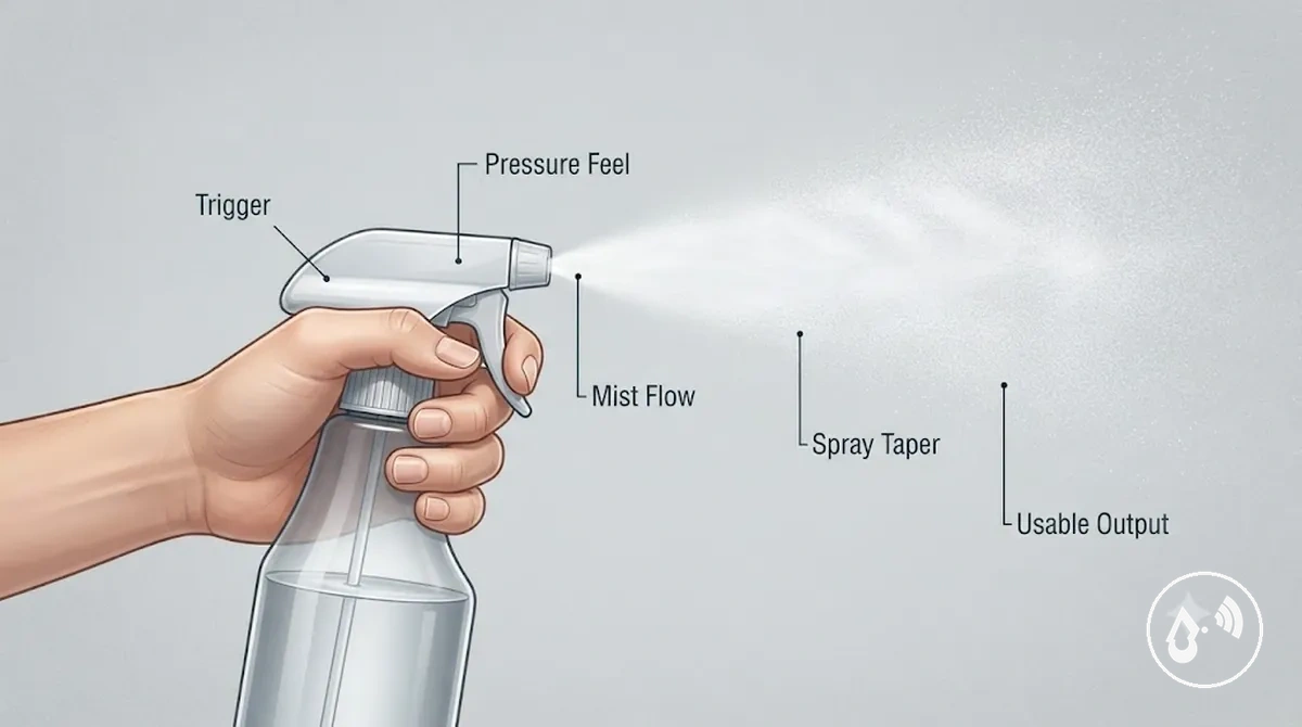 Hand pressing a continuous mist spray bottle trigger with mist flow and pressure feel indicators