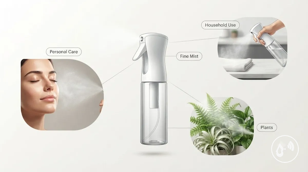Continuous mist spray bottle used in common application settings