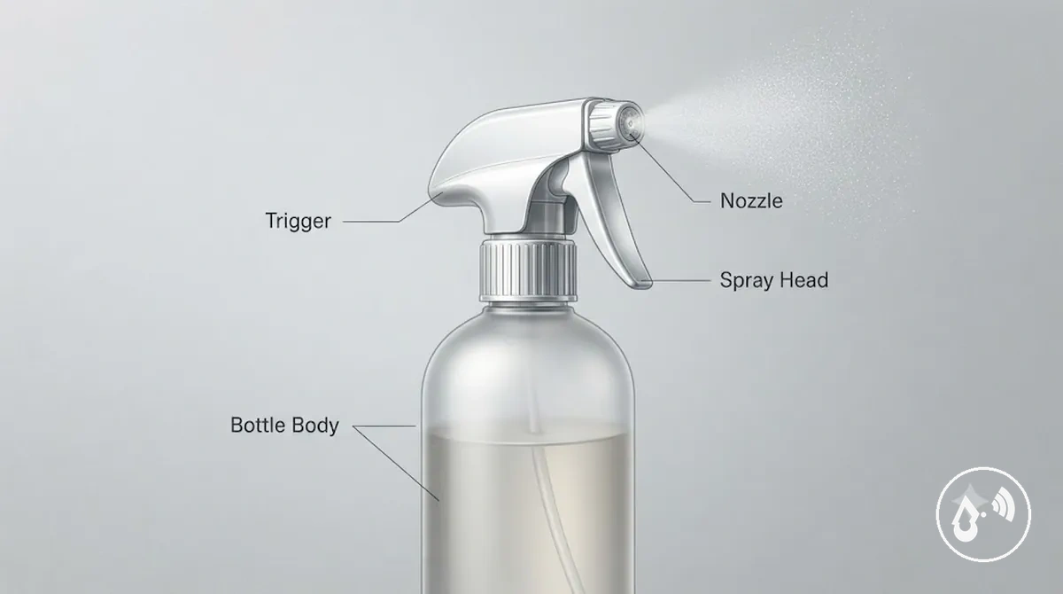 Annotated continuous mist spray bottle showing main components