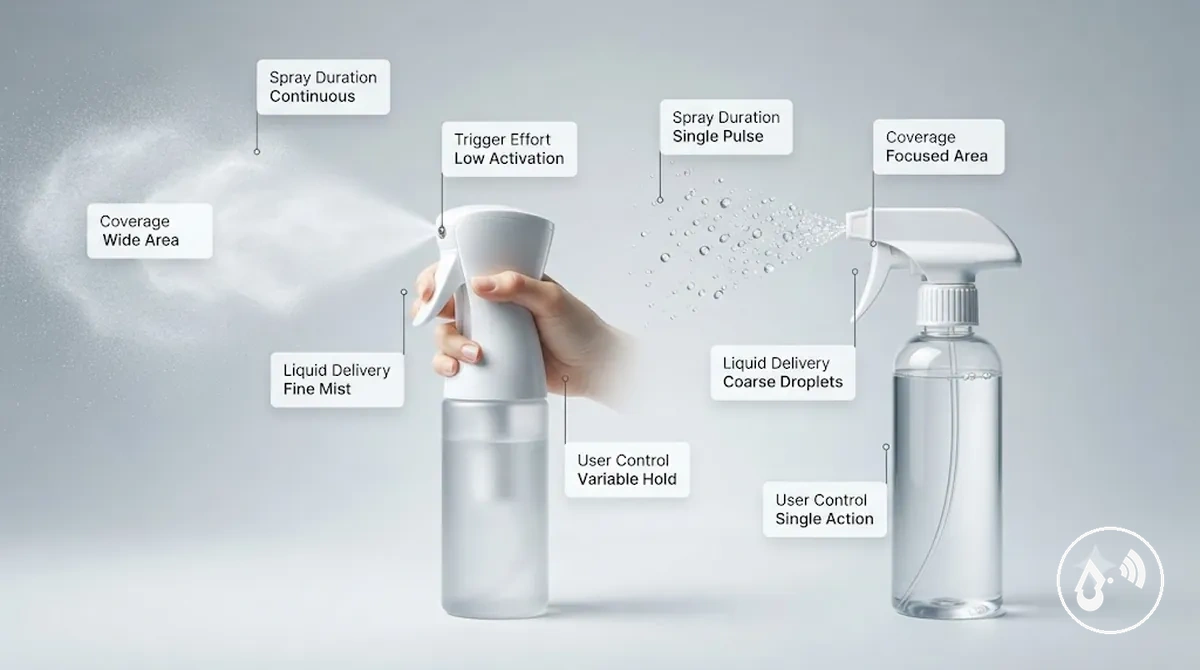 Comparison graphic showing spray bottle performance factors