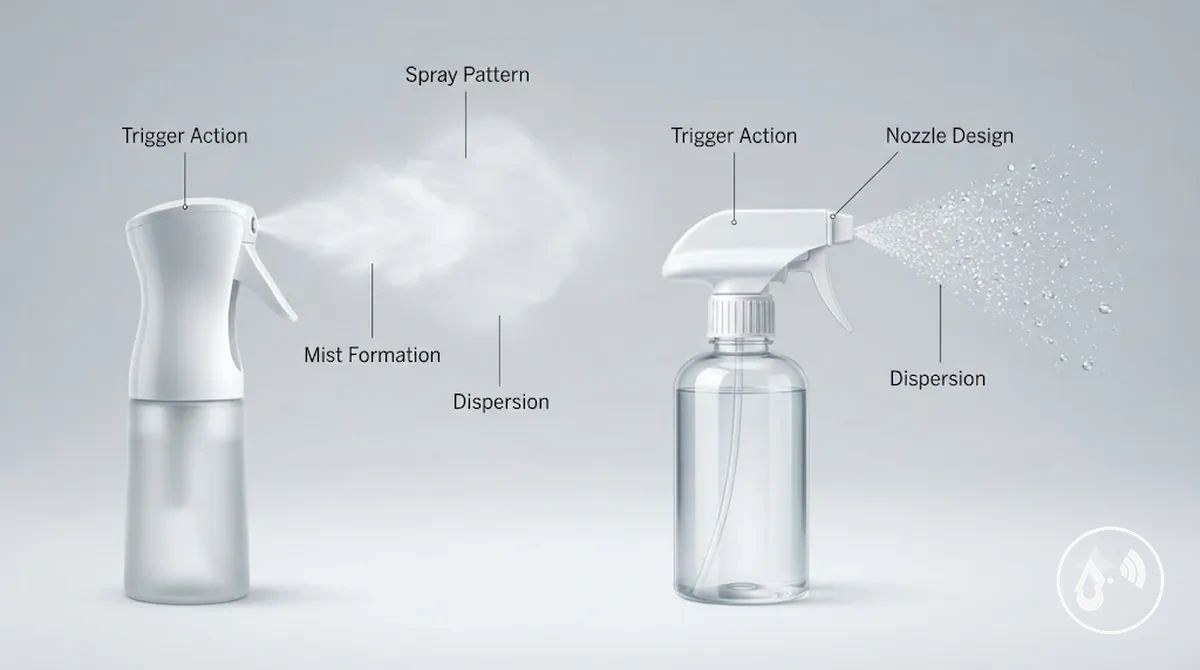 Diagram comparing spray mechanism and mist pattern differences between bottle types