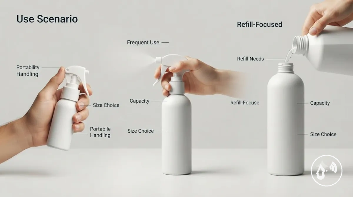 Continuous mist bottle size choices for different uses
