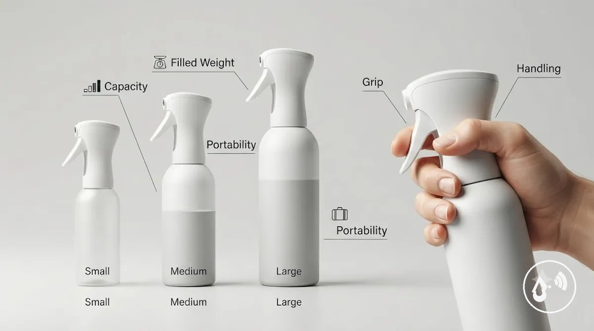 Filled continuous mist spray bottle size and handling comparison