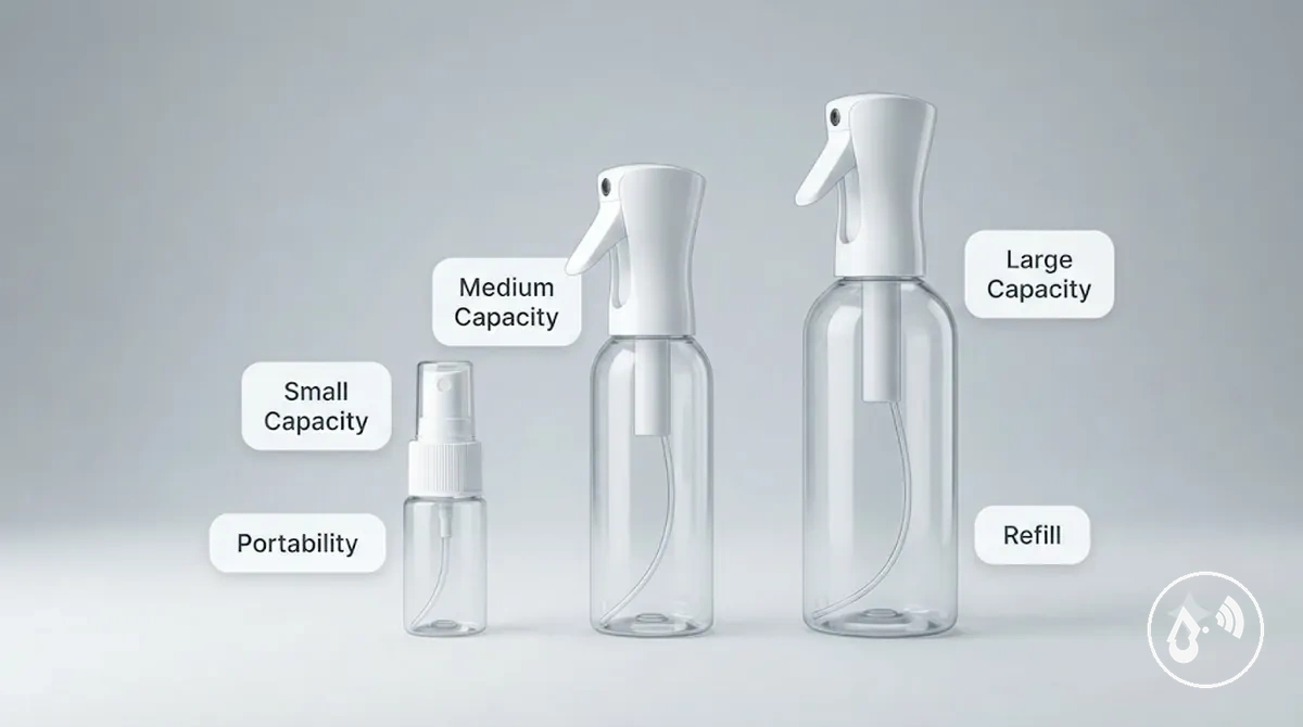 Small medium and large continuous mist spray bottle sizes