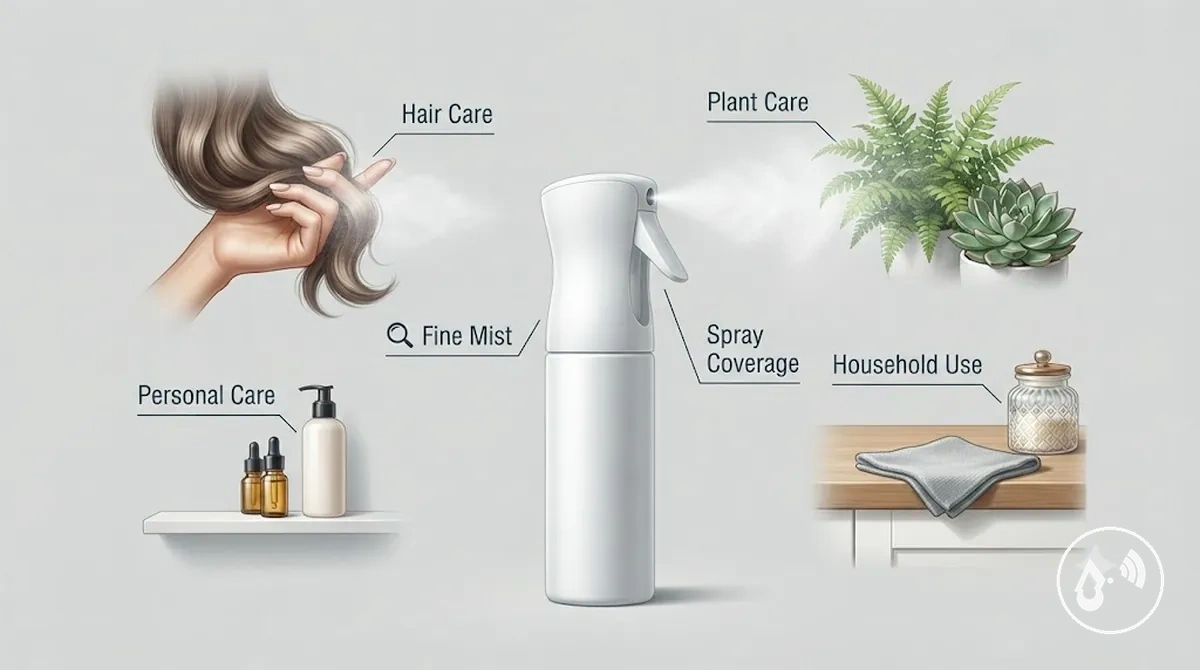 Continuous mist spray bottle used across different application contexts with visible fine mist output