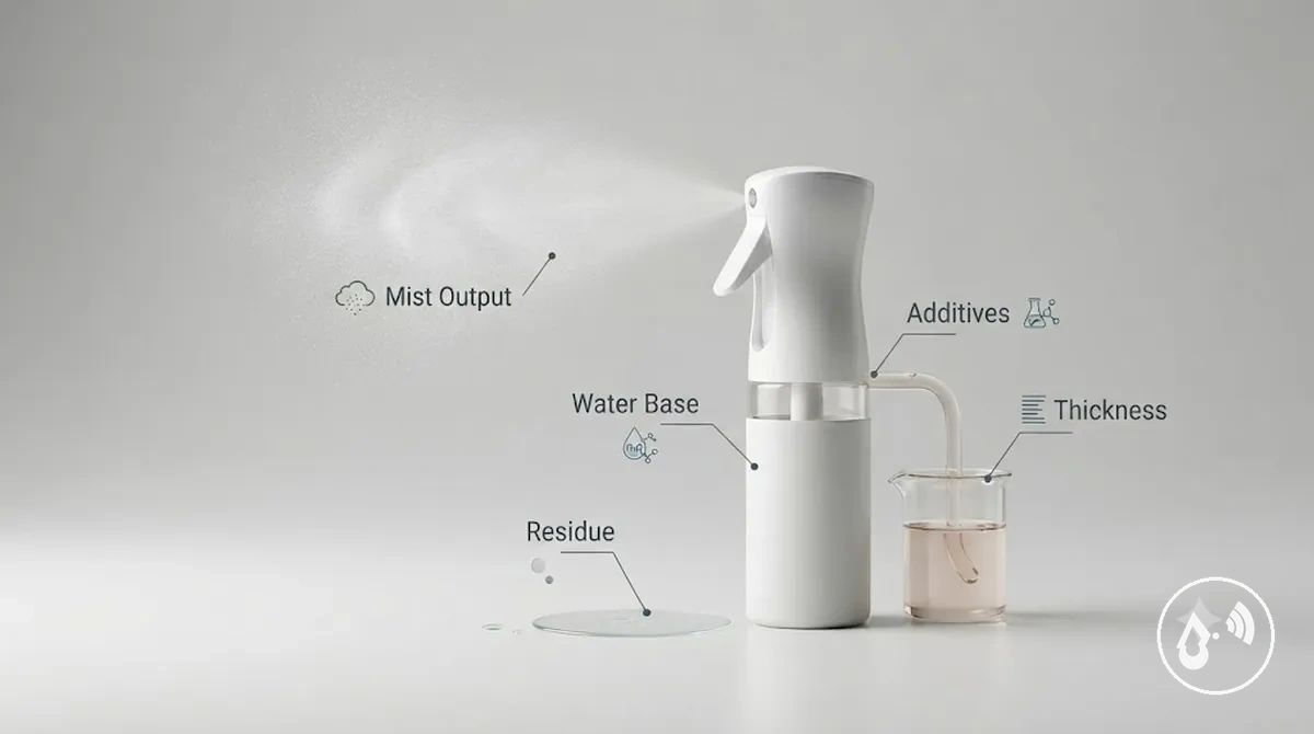 Water-based liquids evaluated for continuous mist bottle compatibility
